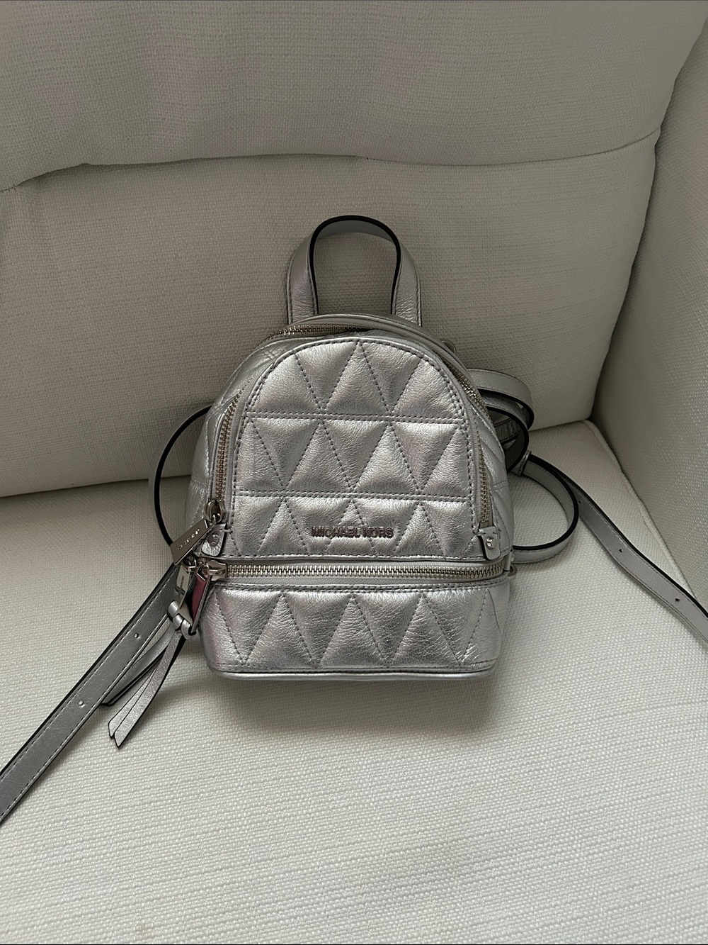 Michael Kors Metallic Silver Quilted Mini Backpack